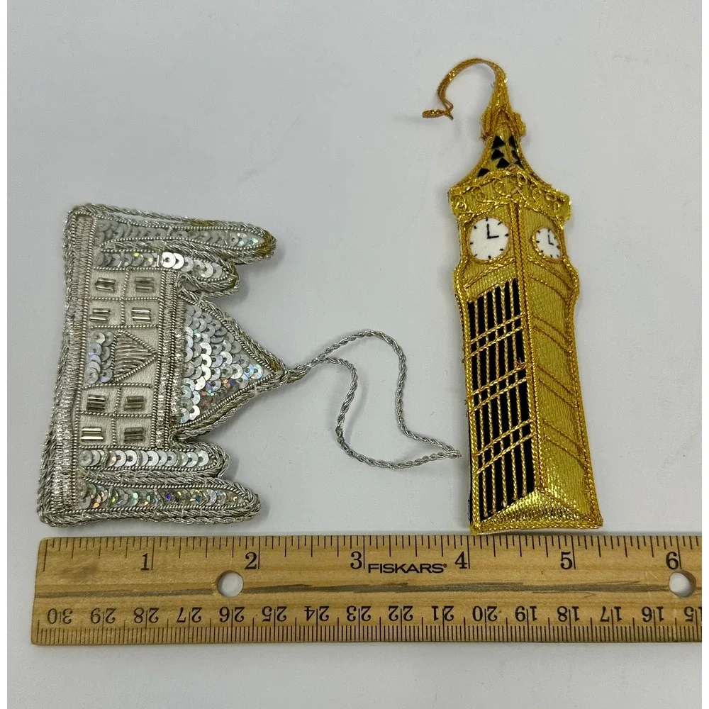 London Souvenir Christmas Ornaments Big Ben Gold Silver Sequin Palace Set of 2